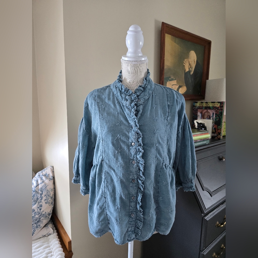 Sundance MP M petite Womens Cottagecore Soft Blue 100% Cotton Top